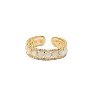 Elegant gold-plated open ring featuring white cat-eye stones and pavé zircon accents