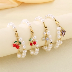 Fashion Artificial Pearl Beaded Bracelet With Cherry Grape Fruit Pendants Cubic Zirconia Adjustable Summer Sweet Women Jewelry