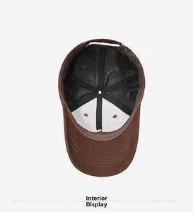Internal view of dark brown cotton baseball cap showing black mesh and sweatband