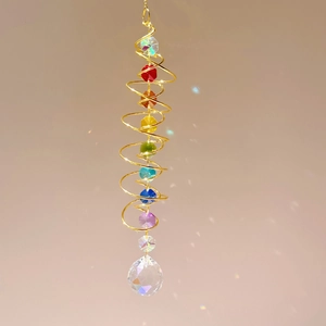 3D spiral metal wind spinner with colorful crystal beads and a clear faceted glass ball