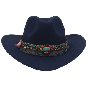 Navy blue western cowboy hat with ethnic braided band and turquoise stone accent