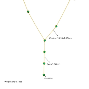 Gold Y-shaped necklace with green heart rhinestones and detailed size dimensions