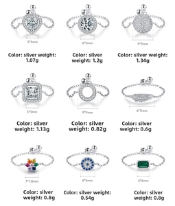 Detail of nine S925 sterling silver adjustable rings with diverse gemstone charms