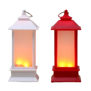 White and red Christmas LED lanterns with warm yellow light and top metal hanging rings