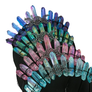 Bohemian quartz crystal crown headband with celestial moon charm for wedding bridal hair