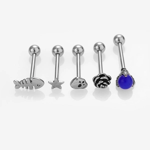 Punk style stainless steel tongue rings set with fishbone, star, skull and rose designs