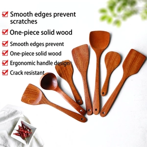 Ebony wood kitchen utensil set with long handles for non-stick pans in a 7-piece collection