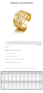 Size guide table for the 925 sterling silver woven ring with inner diameter and circumference