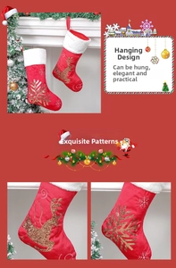 Detail of red Christmas stockings with gold sequined reindeer and snowflake patterns
