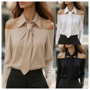 Damen Off Shoulder Langarm Bluse Satin Revers Krawatte Einfarbig Elegant Pendler Oberteil