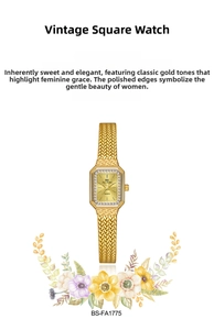 Close-up of a luxury gold square watch with crystal bezel and mesh texture metal strap