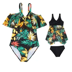 Maillots De Bain Assortis Pour Famille Imprimé Tropical Et Volants Monokini Tankini Pour Femmes Et Filles