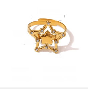 Detail view of 18K gold plated stainless steel star ring with crystal pavé and dimensions