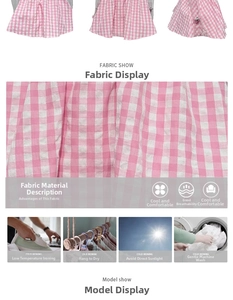 Detail view of pink gingham fabric texture with laundry care icons and breathability guide
