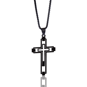 Men's hollow black cross pendant necklace in titanium steel with a sleek black metal chain