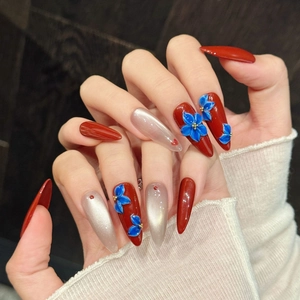 Handmade Press On Nails 3D Blue Flower Retro Stiletto Almond Shape Cat Eye Glossy Manicure For Women