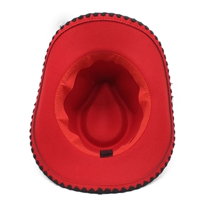 Detailed interior view of a red felt cowboy hat featuring black wavy edge stitching