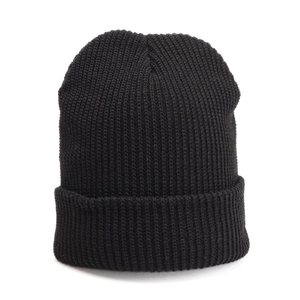 Close-up of black ribbed knit beanie showing fine texture and wide fold-over cuff detail