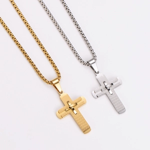 Minimalist stainless steel grid cross pendants in gold and silver finish with chains