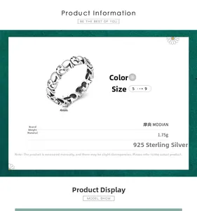 Macro-opname van de S925 zilveren olifant ring met productspecificaties en details