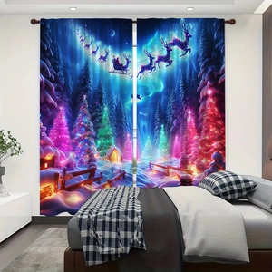 Detailed view of Christmas blackout curtains featuring Santa Claus and reindeer sleigh