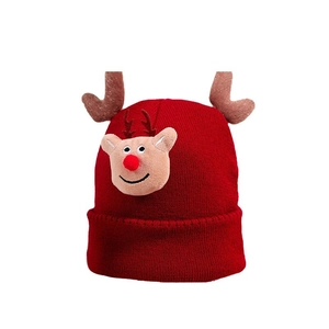 Red Christmas knitted hat featuring reindeer antlers and cartoon embroidery decor