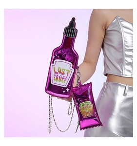 Creative purple metallic sauce bottle shaped crossbody bag with stylish chain strap for women