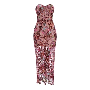 Close-up of floral embroidery and sequins on this elegant off-shoulder bodycon maxi dress