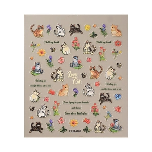 Self-adhesive 5D embossed nail art stickers featuring cute cats and vintage floral designs