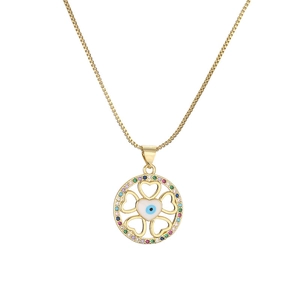 Gold box chain necklace with a round four-leaf clover evil eye pendant and colorful zircons