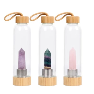 Glass Water Bottle With Natural Crystal Point Healing Energy Stone Bamboo Lid Eco Friendly Reusable Drinkware
