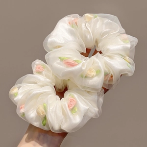 White organza flower scrunchies with delicate pink and yellow rose embroidery set of two