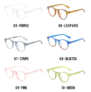 Multiple color options for round anti-blue light glasses including leopard and purple