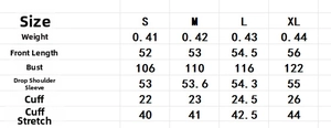 Size chart table for embroidered zip-up jacket showing length and bust measurements