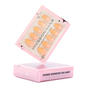 Press-on Nägel Set mit orangefarbenem Farbverlauf und Blumenmuster in rosa Box