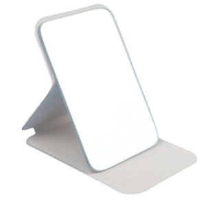Portable folding makeup mirror with white PU leather cover and adjustable tabletop stand