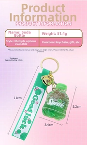 Detailed size specifications for beverage bottle keychain with green strap and bell