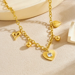 Collier en acier inoxydable doré avec breloques cœur et pendentif en pierre précieuse