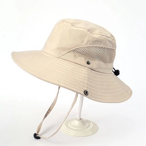 Detail of wide brim sun hat with breathable side mesh and adjustable windproof strap