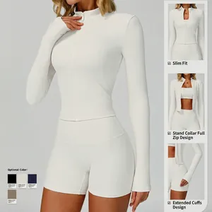 Slim fit ribbed yoga jacket with stand collar and zipper closure for outdoor running and fitness