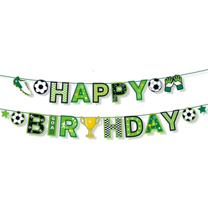 Green and black Happy Birthday banner with football icons for World Cup party decor