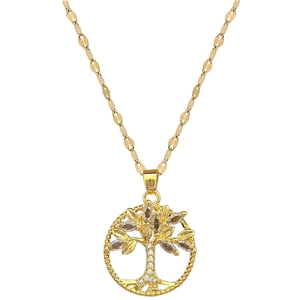 Gold tree of life necklace with glittering crystal stones on a clean white background