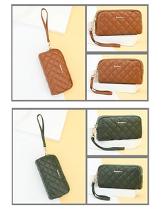 Detailed view of long quilted PU leather wallets in brown and dark green with wristlets