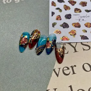 Autocollants Art Des Ongles Relief Métallique Rétro 3D Rose Chaîne Pièce Motifs Auto-Adhésifs Ultra Minces Décalcomanies
