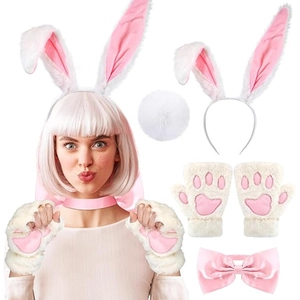 Pink and white plush rabbit ears headband with tail and paws cosplay accessory set