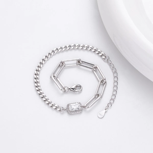Detail view of S925 sterling silver chain bracelet with rectangular zircon and lobster clasp