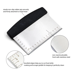 Stainless steel dough scraper with black handle and measurement scales in infographic style