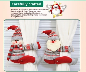 Detailed view of Christmas snowman and Santa curtain tiebacks on white curtains