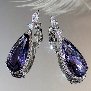 Boucles D'oreilles Pendantes Goutte D'eau Violettes Cuivre Zircon Verre Coupe Marquise Élégant Banquet Mariage Bijoux Pour Femmes