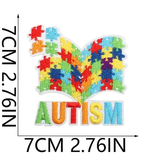 Detail of Autism Awareness puzzle piece embroidery patch with red yellow blue green stitching